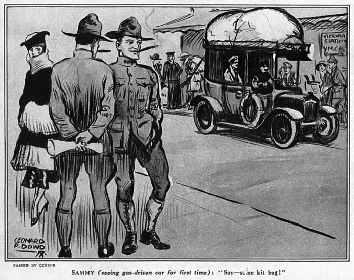 Framed Print : Gas powered cars, WW1 cartoon Framed Print : Gas powered cars, WW1 cartoon