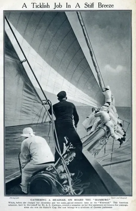 Framed Print : Gathering headsail on board Hamburg at Cowes, IOW