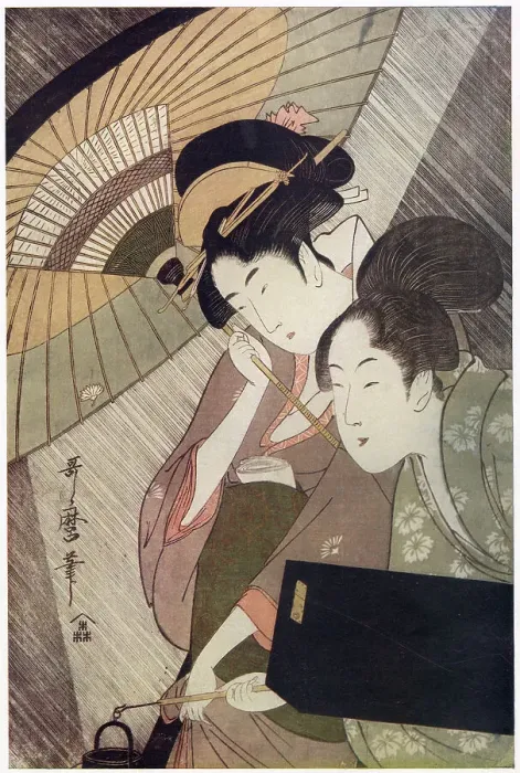 Framed Print : A Geisha, carrying her music in her obi, and holding her umbrella against a heavy shower, while her maid, carrying her koto case and a lantern, shelters herself by her side. Date: 1910 Framed Print : A Geisha, carrying her music in her obi, and holding her umbrella against a heavy shower, while her maid, carrying her koto case and a lantern, shelters herself by her side. Date: 1910
