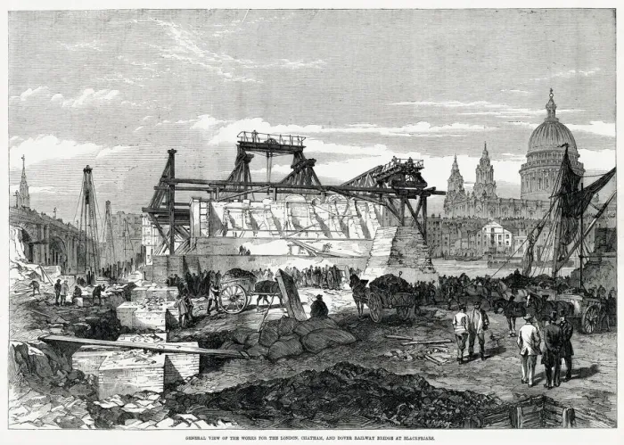 Framed Print : General view of the works for the London, Chatham and Dover railway bridge at Blackfriars Framed Print : General view of the works for the London, Chatham and Dover railway bridge at Blackfriars