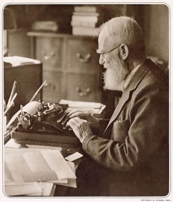 Framed Print : George Bernard Shaw (1856 - 1950), Irish playwright, critic, polemicist and political activist. Photograph showing Bernard Shaw at his typewriter when he was 82 years old. Date: 1939 Framed Print : George Bernard Shaw (1856 - 1950), Irish playwright, critic, polemicist and political activist. Photograph showing Bernard Shaw at his typewriter when he was 82 years old. Date: 1939