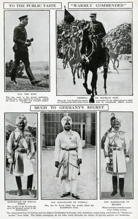 Framed Print : George V, General Haig and three Indian allies, WW1 Framed Print : George V, General Haig and three Indian allies, WW1