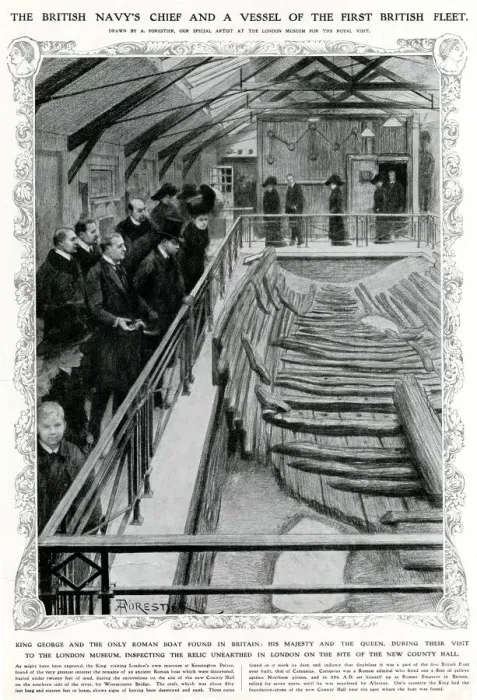 Framed Print : George V inspecting Roman galley unearthed in London 1912
