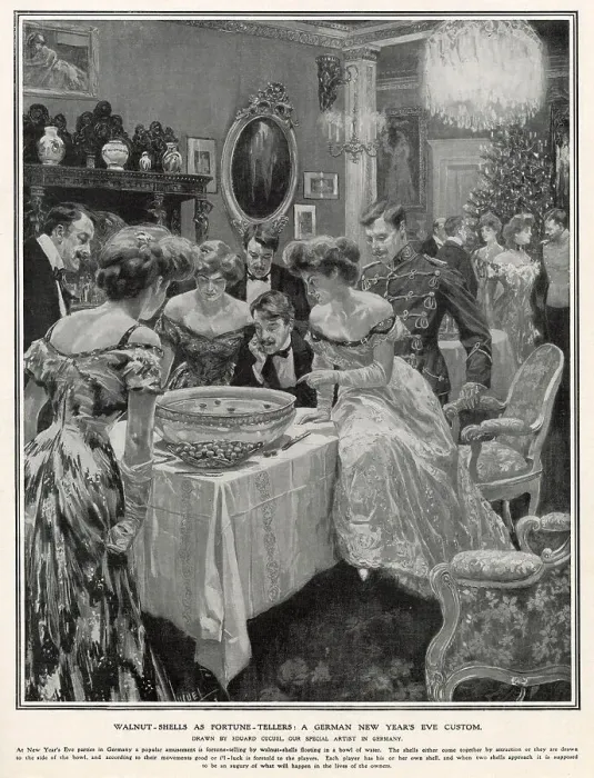 Framed Print : A German custom where walnut shells are floated in a bowl of water, either the walnut comes together or drawn to the side, according to their movements it brings good luck or ill-luck. Date: 1908 Framed Print : A German custom where walnut shells are floated in a bowl of water, either the walnut comes together or drawn to the side, according to their movements it brings good luck or ill-luck. Date: 1908
