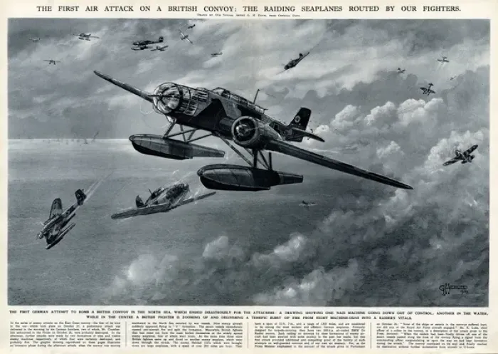 Framed Print : German seaplane attack on British convoy by G. H. Davis Framed Print : German seaplane attack on British convoy by G. H. Davis