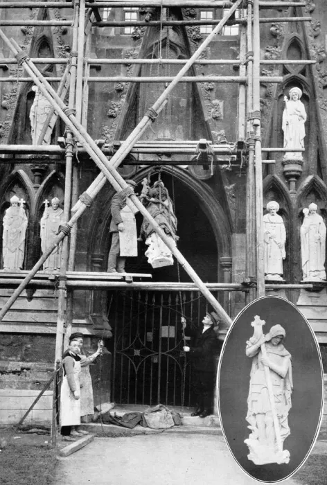 Framed Print : A gift to Exeter Cathedral - statues being hoisted into plac Framed Print : A gift to Exeter Cathedral - statues being hoisted into plac
