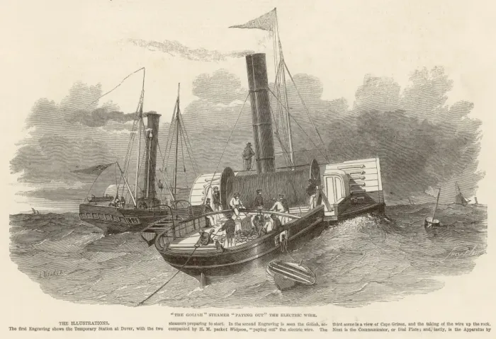 Framed Print : The Goliah steamer paying out the electric wire Framed Print : The Goliah steamer paying out the electric wire