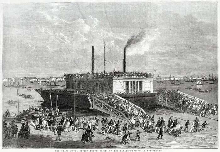 Framed Print : The grand naval review-excursionists on the floating-bridge in Portsea Island, Portsmouth. Date: 1856 Framed Print : The grand naval review-excursionists on the floating-bridge in Portsea Island, Portsmouth. Date: 1856