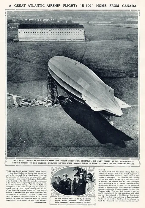 Framed Print : The great British R 100 arrived at Cardington after return flight from Montreal, in 78 hours. The damaged fin in a thunderstorm over the St. Lawrence, left Montreal on her return flight early on August 14th and reached Cardington