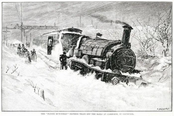 Framed Print : The Great Western Railways Flying Dutchman is derailed in heavy snow at Camborne Framed Print : The Great Western Railways Flying Dutchman is derailed in heavy snow at Camborne
