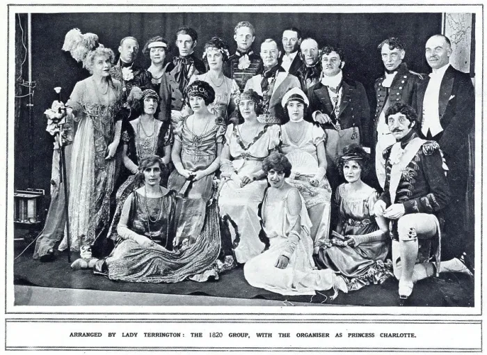 Framed Print : Group of revellers at the Princess Mary Hospital Ball. This group were all dressed as figures from 1820 with the ball organiser, Lady Terrington (centre), dressed as Princess Charlotte. Date: 1922