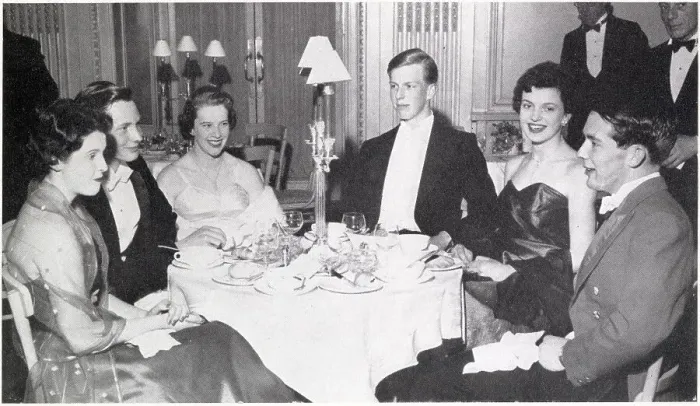 Framed Print : A group at the Trinity College Beagles Ball, held at the Hyde Park Hotel in London in the spring of 1956. From left: Miss Jennifer Bott, Mr Robert Philipson-Stowe, Miss Dillys Le Fleming, Mr. A. W. Wiggin, Miss Belinda Stobart and Mr. R. D