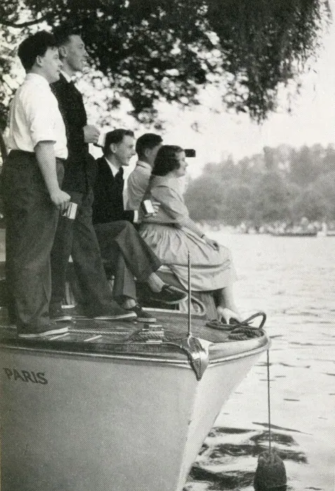 Framed Print : Group watching the Henley Regatta from boat, July 1958 Framed Print : Group watching the Henley Regatta from boat, July 1958