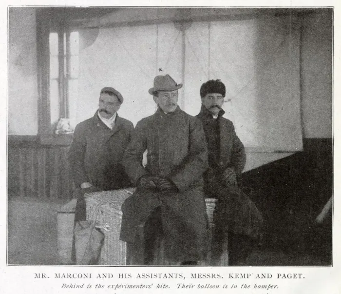 Framed Print : Guglielmo Marconi with his Assistants Kemp and Paget, behind is the experiments kite