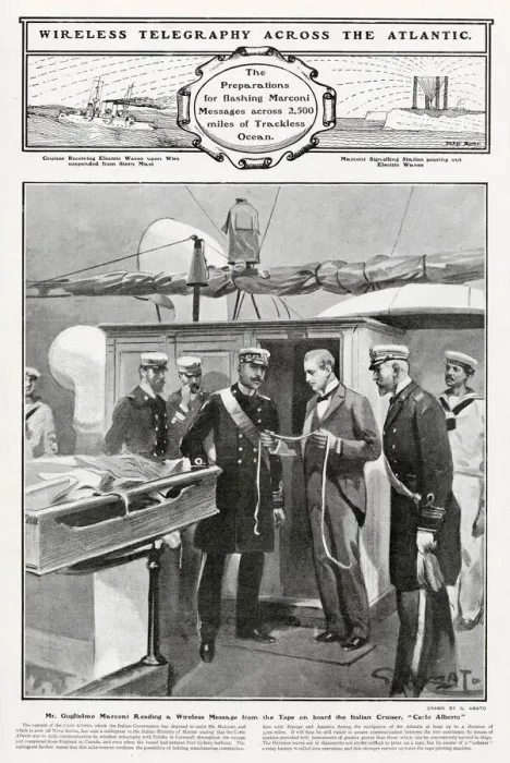 Framed Print : Guglielmo Marconi reading a wireless telegraph message on tape from a across the Atlantic