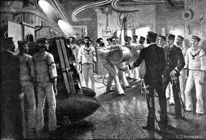 Framed Print : Gun Drill on board a British battleship, c. 1896