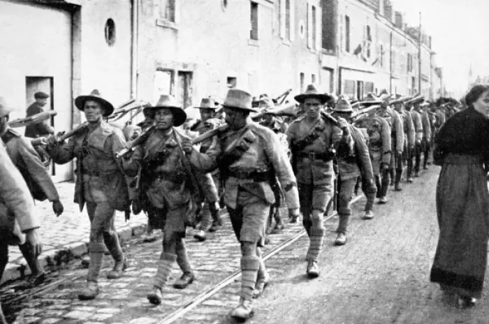Framed Print : Gurkhas on the march through a French town Framed Print : Gurkhas on the march through a French town