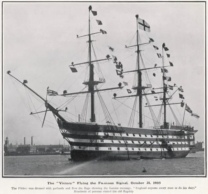 Framed Print : H. M. S. Victory flying the famous signal on 21 October 1905