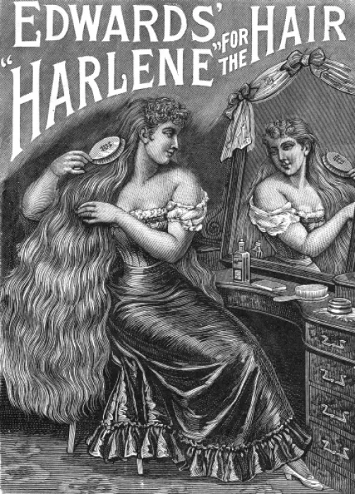 Framed Print : Hair brushing with Edwards Harlene for hair, 1895