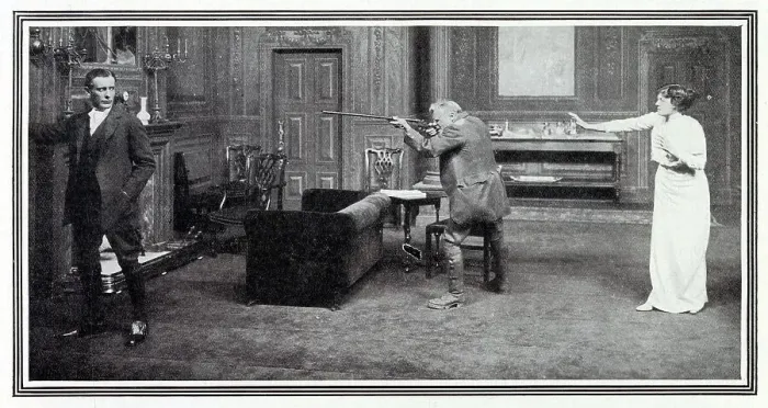 Framed Print : The half-drunken gamekeeper Gann, played by Edward Gwenn, seeks to avenge his daughter's death in W. Somerset Maugham's play, Grace at Duke of York's Theatre. Date: 1909 Framed Print : The half-drunken gamekeeper Gann, played by Edward Gwenn, seeks to avenge his daughter's death in W. Somerset Maugham's play, Grace at Duke of York's Theatre. Date: 1909