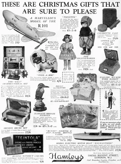 Framed Print : Hamleys Christmas presents advertisement, 1929 Framed Print : Hamleys Christmas presents advertisement, 1929