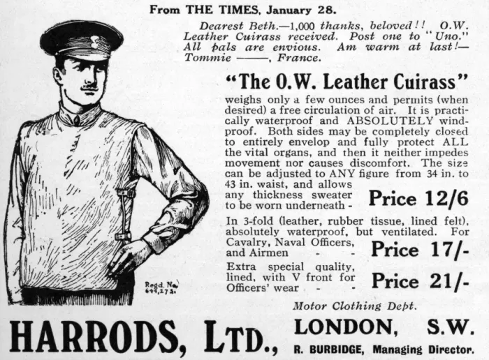 Framed Print : Harrods advertisement, Leather Cuirass, WWI Framed Print : Harrods advertisement, Leather Cuirass, WWI
