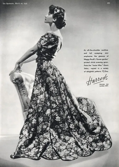 Framed Print : Harrods advertisement for a Maggy Rouff flower-garden printed chintz evening gown with an off-the-shoulder neckline and full sweeping skirt, modelled here by Mamaine Paget. Date: 1937 Framed Print : Harrods advertisement for a Maggy Rouff flower-garden printed chintz evening gown with an off-the-shoulder neckline and full sweeping skirt, modelled here by Mamaine Paget. Date: 1937