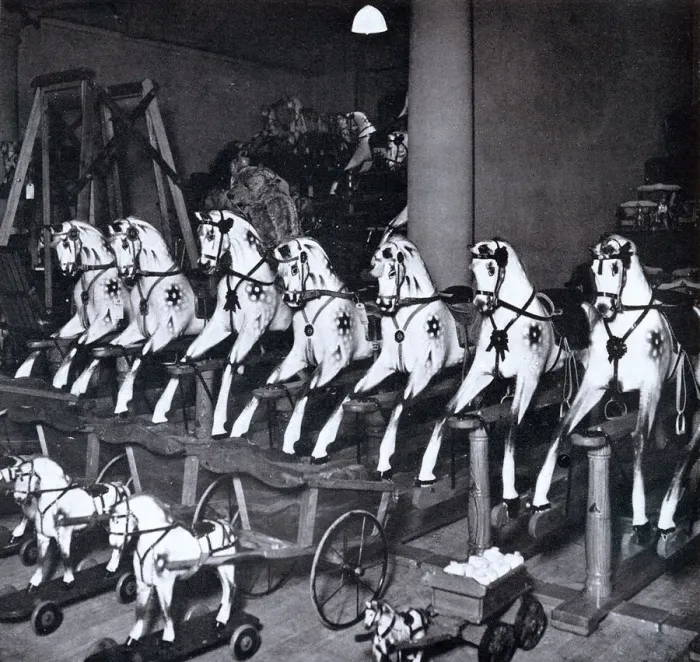 Framed Print : Harrods toy department, rocking horses, 1922 Framed Print : Harrods toy department, rocking horses, 1922