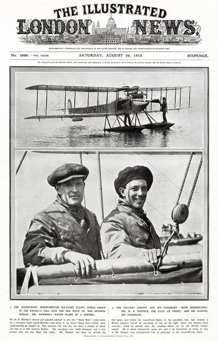 Framed Print : Harry Hawker (1889 - 1921), the pilot and passenger attempt to win the Daily Mail £5000 prize, round Britain. Unfortunately on 27th August the machine fell into to the sea of a height of about 100 feet near Dublinand was to damaged Framed Print : Harry Hawker (1889 - 1921), the pilot and passenger attempt to win the Daily Mail £5000 prize, round Britain. Unfortunately on 27th August the machine fell into to the sea of a height of about 100 feet near Dublinand was to damaged