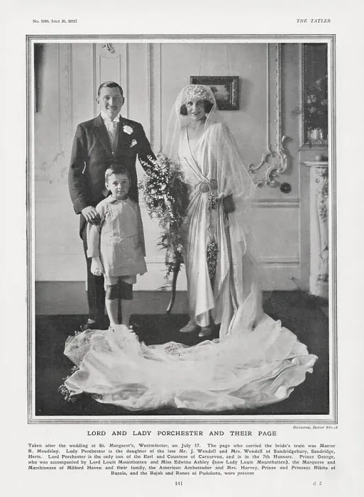 Framed Print : Henry Herbert, Lord Porchester, later 6th Earl of Carnarvon and his (first) wife, Catherine Wendell, pictured with their page, Master R. Maudsley on their wedding day, 17 July 1922. Date: 1922 Framed Print : Henry Herbert, Lord Porchester, later 6th Earl of Carnarvon and his (first) wife, Catherine Wendell, pictured with their page, Master R. Maudsley on their wedding day, 17 July 1922. Date: 1922