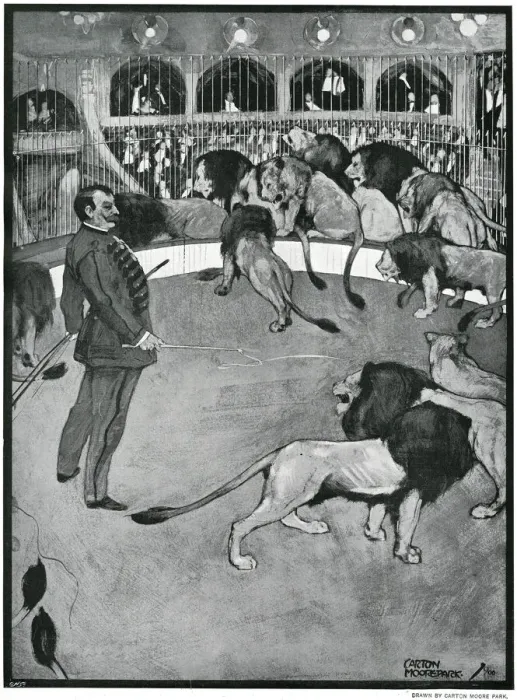 Framed Print : Herr Seeth in a den of lions at the London Hippodrome Framed Print : Herr Seeth in a den of lions at the London Hippodrome