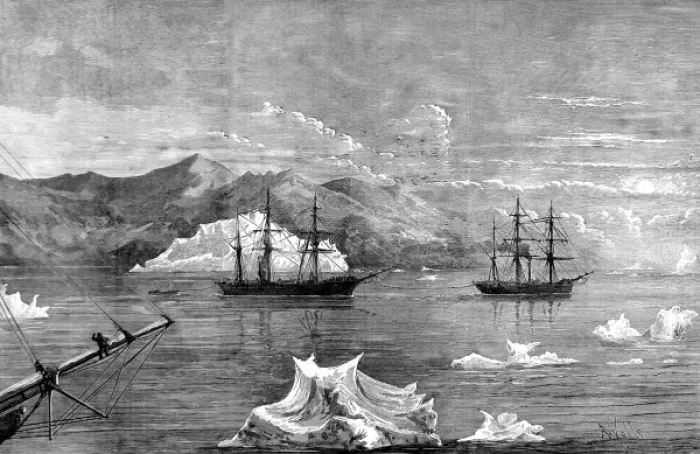 Framed Print : HMS Alert towing HMS Discovery through Icebergs, British Framed Print : HMS Alert towing HMS Discovery through Icebergs, British