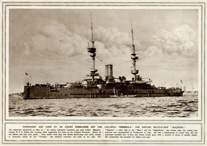 Framed Print : HMS Majestic battle-ship torpedoed and sunk 1915 Framed Print : HMS Majestic battle-ship torpedoed and sunk 1915