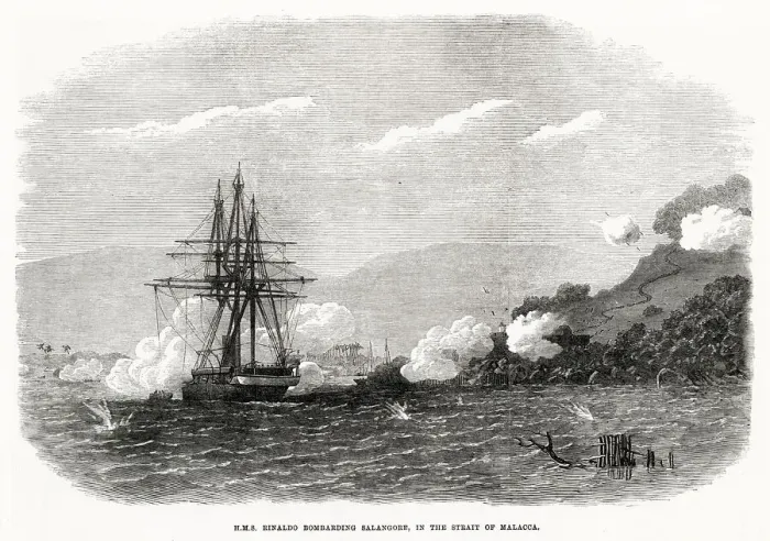 Framed Print : HMS Rinaldo bombarding Salangore in the Strait of Malacca. Date: 1871
