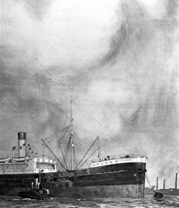 Framed Print : Hoisting a new boiler into a Cargo Liner, 1916