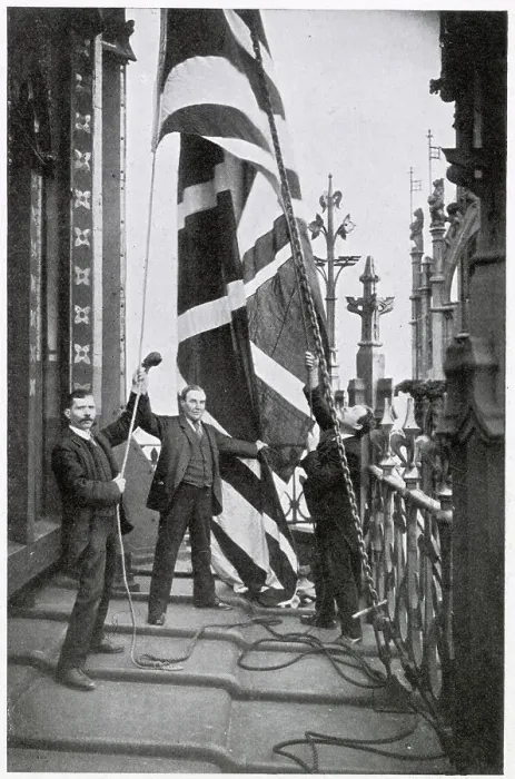 Framed Print : Hoisting the Union Jack Flag on the Victoria Tower