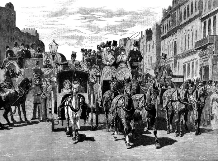 Framed Print : Horse-Drawn Carriages in Piccadilly, London, 1883 Framed Print : Horse-Drawn Carriages in Piccadilly, London, 1883