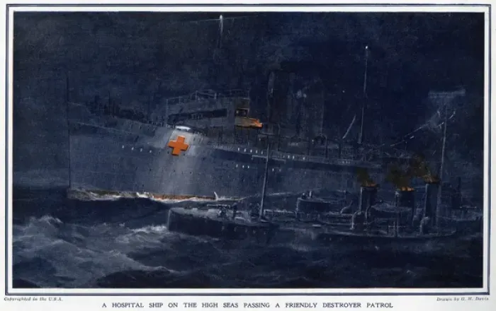 Framed Print : Hospital ship passing destroyer patrol, WWI