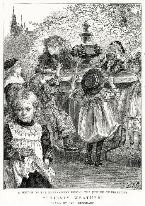 Framed Print : During a hot day at Embankment, London, young children gathering round a public water fountain during the celebrations of the Queen Victoria's Diamond Jubilee. Date: July 1897