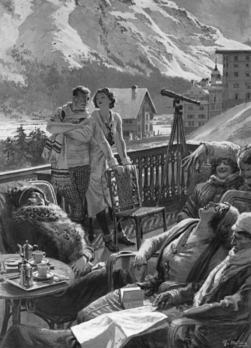 Framed Print : A hotel terrace after lunch in St. Moritz, Switzerland