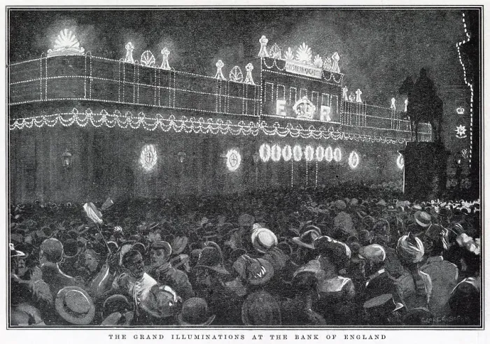 Framed Print : Illuminations at the Bank of England, Londoners rejoicing and festivity, the night before the coronation of King Edward VII. Date: 1902 Framed Print : Illuminations at the Bank of England, Londoners rejoicing and festivity, the night before the coronation of King Edward VII. Date: 1902