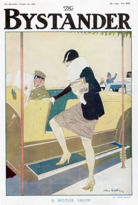 Framed Print : Illustration of an elegant woman getting into her car at a motor show, clutching a brace of car brochures and magazines. As she enters the car, a garter can just be glimpsed peeping from her skirt. Date: 1926 Framed Print : Illustration of an elegant woman getting into her car at a motor show, clutching a brace of car brochures and magazines. As she enters the car, a garter can just be glimpsed peeping from her skirt. Date: 1926