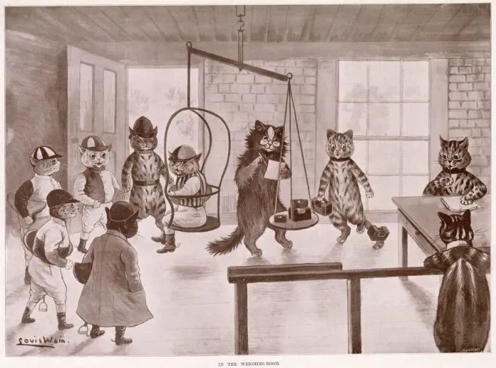 Framed Print : Illustration by Louis Wain, showing cats as humans being weighed before a horse race Framed Print : Illustration by Louis Wain, showing cats as humans being weighed before a horse race