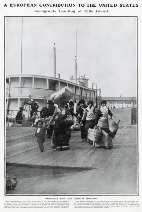 Framed Print : Immigrants with their belongings from Euro leaving the ship in Ellis Island