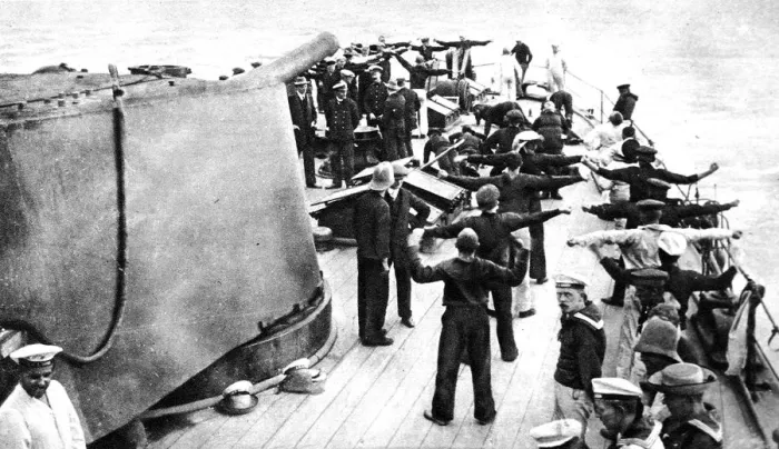 Framed Print : Including Captain Von Muller and Prince Francis Joseph: Emden prisoners on a British warship Framed Print : Including Captain Von Muller and Prince Francis Joseph: Emden prisoners on a British warship
