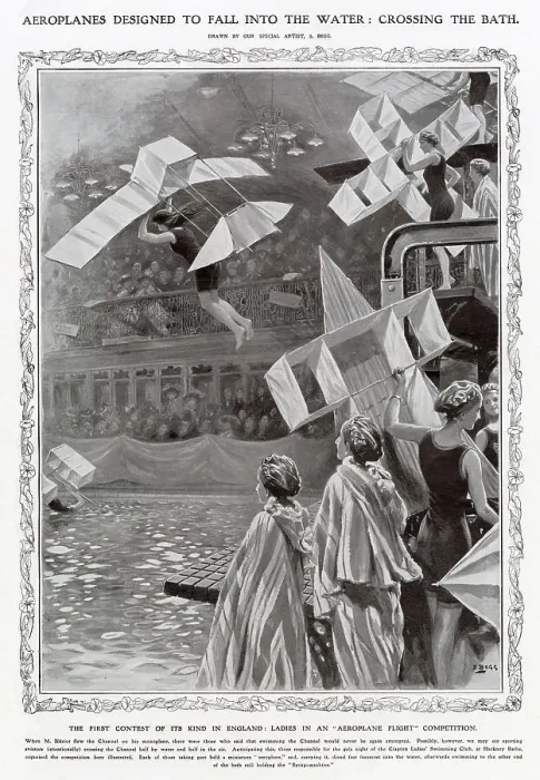 Framed Print : Inspired by the current aviation mania, a new water sport is invented - the aim, to glide across a swimming pool with the aid of a kite. Date: 1909