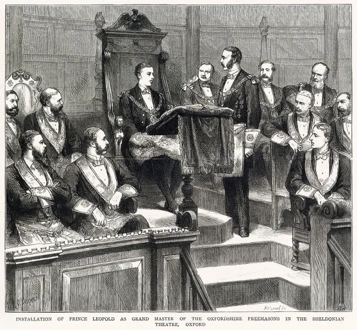 Framed Print : Installation of Prince Leopold as Grand Master of the Oxfordshire Freemasons in the Sheldonian Theatre, Oxford. Date: 1876 Framed Print : Installation of Prince Leopold as Grand Master of the Oxfordshire Freemasons in the Sheldonian Theatre, Oxford. Date: 1876