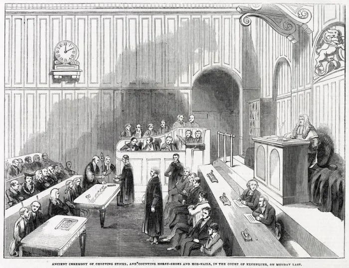 Framed Print : Interior of Court of Exchequer Chamber, showing the ancient ceremony of chopping sticks Framed Print : Interior of Court of Exchequer Chamber, showing the ancient ceremony of chopping sticks