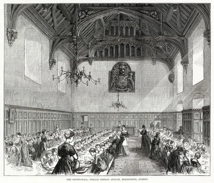 Framed Print : Interior in the dinning-hall, female orphan asylum in Beddington, Surrey. Date: 1875 Framed Print : Interior in the dinning-hall, female orphan asylum in Beddington, Surrey. Date: 1875