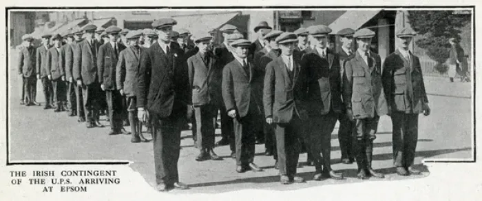 Framed Print : Irish contingent of UPS arriving at Epsom, Surrey, WW1 Framed Print : Irish contingent of UPS arriving at Epsom, Surrey, WW1